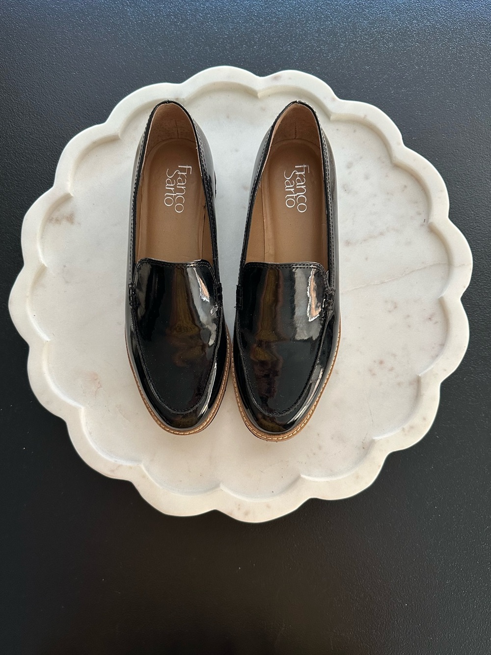 Women’s Franco Sarto Black Patent Loafers with Brown Trim Size 7